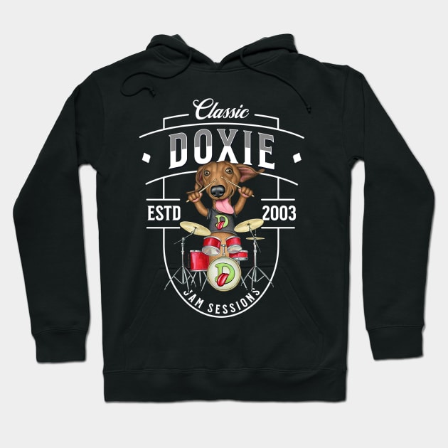 Fun doxie Dog playing drums for a rock and roll band on Doxie Jam Sessions tee Hoodie by Danny Gordon Art